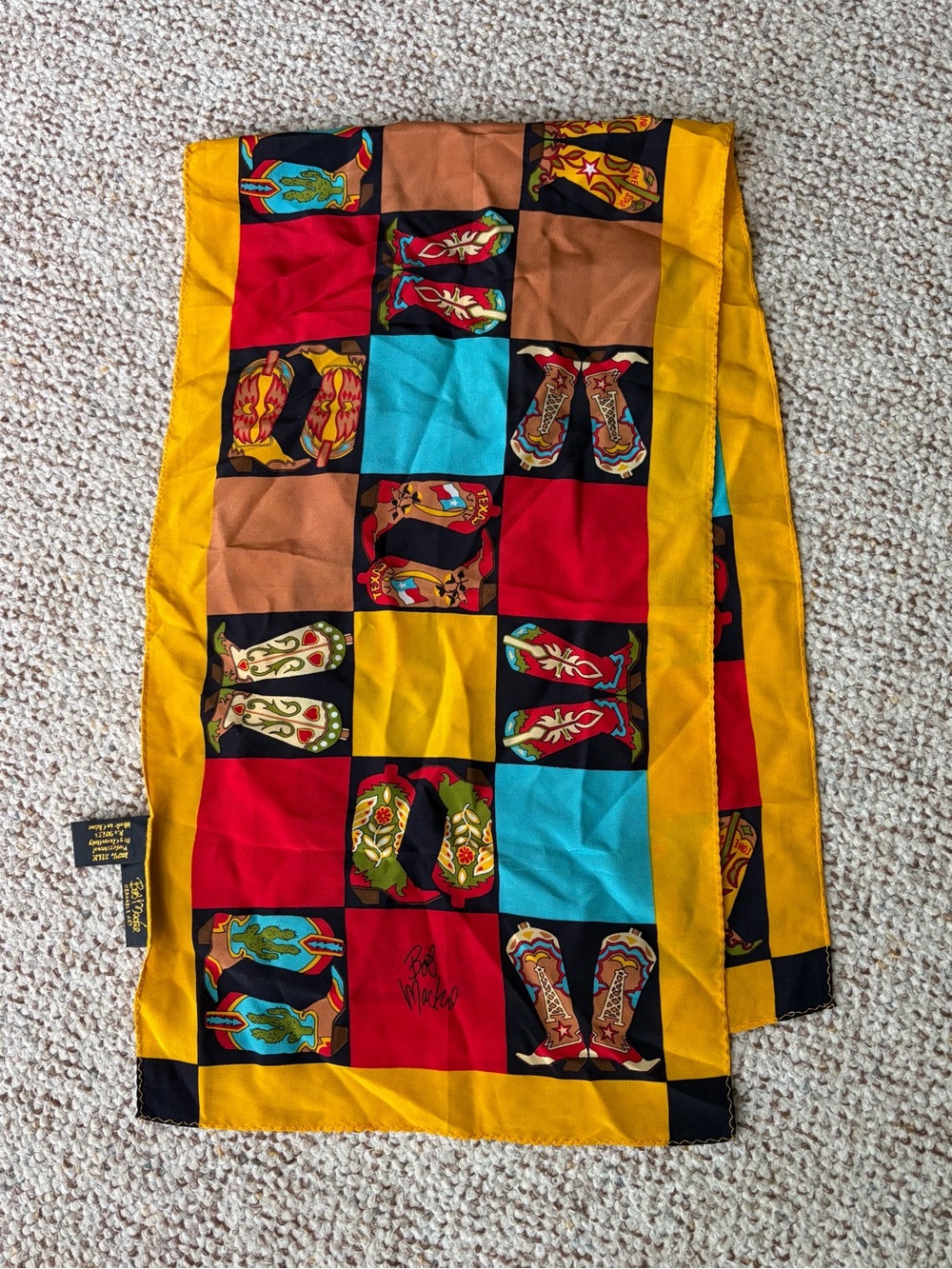 Vtg Bob Mackie Wearable Art 100% Silk Scarf Western Texas Cowboy Boots Oblong